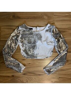 Geebin Flores White Silver Flip Sequin Cropped Club Going Out Top